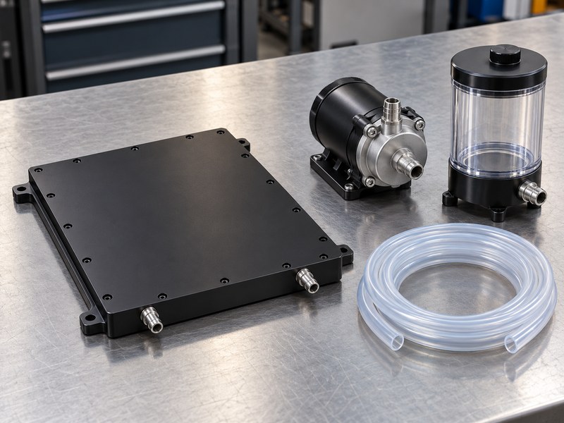 anodized water cooled heat sink for welding equipment: electronics cold plate and separate pump, reservoir and coiled coolant hose
