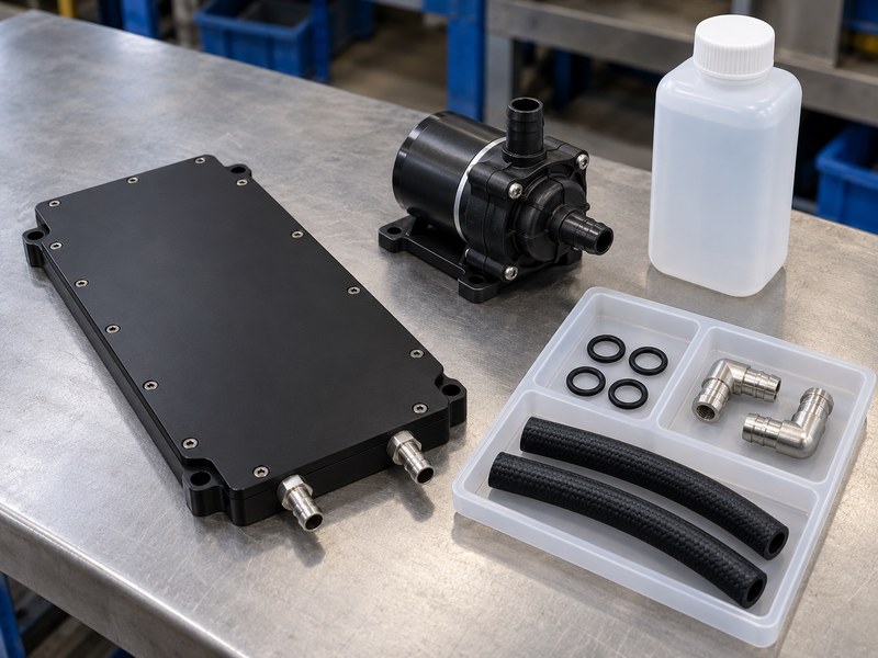 anodized water cooled heat sink for welding equipment: finished cold plate with separate pump, fittings, hose and seal samples