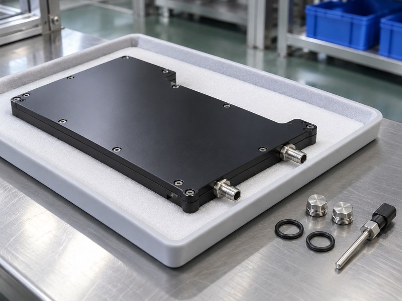 anodized water cooled heat sink for welding equipment: closed cold plate in a padded tray beside separate plugs, seals and a disconnected probe