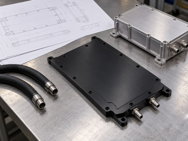 anodized water cooled heat sink for welding equipment: closed black cold plate with a separate ported metal housing, loose hoses and an illustrative drawing