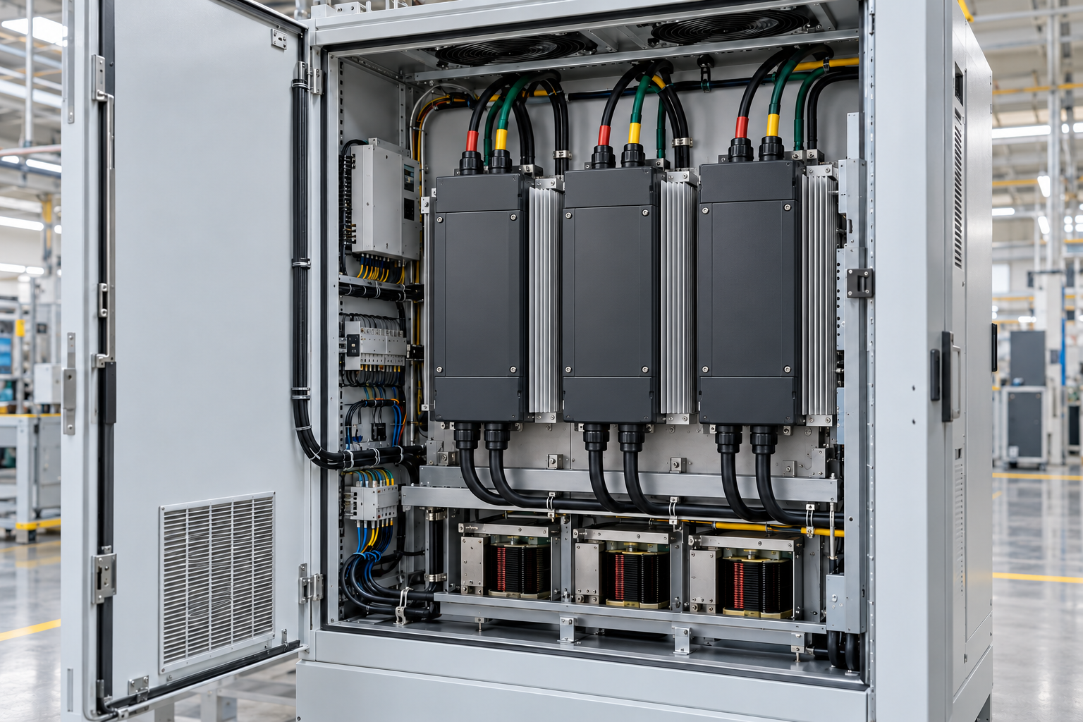 Power Electronics & Industrial Drives application cabinet showing heat sink integration