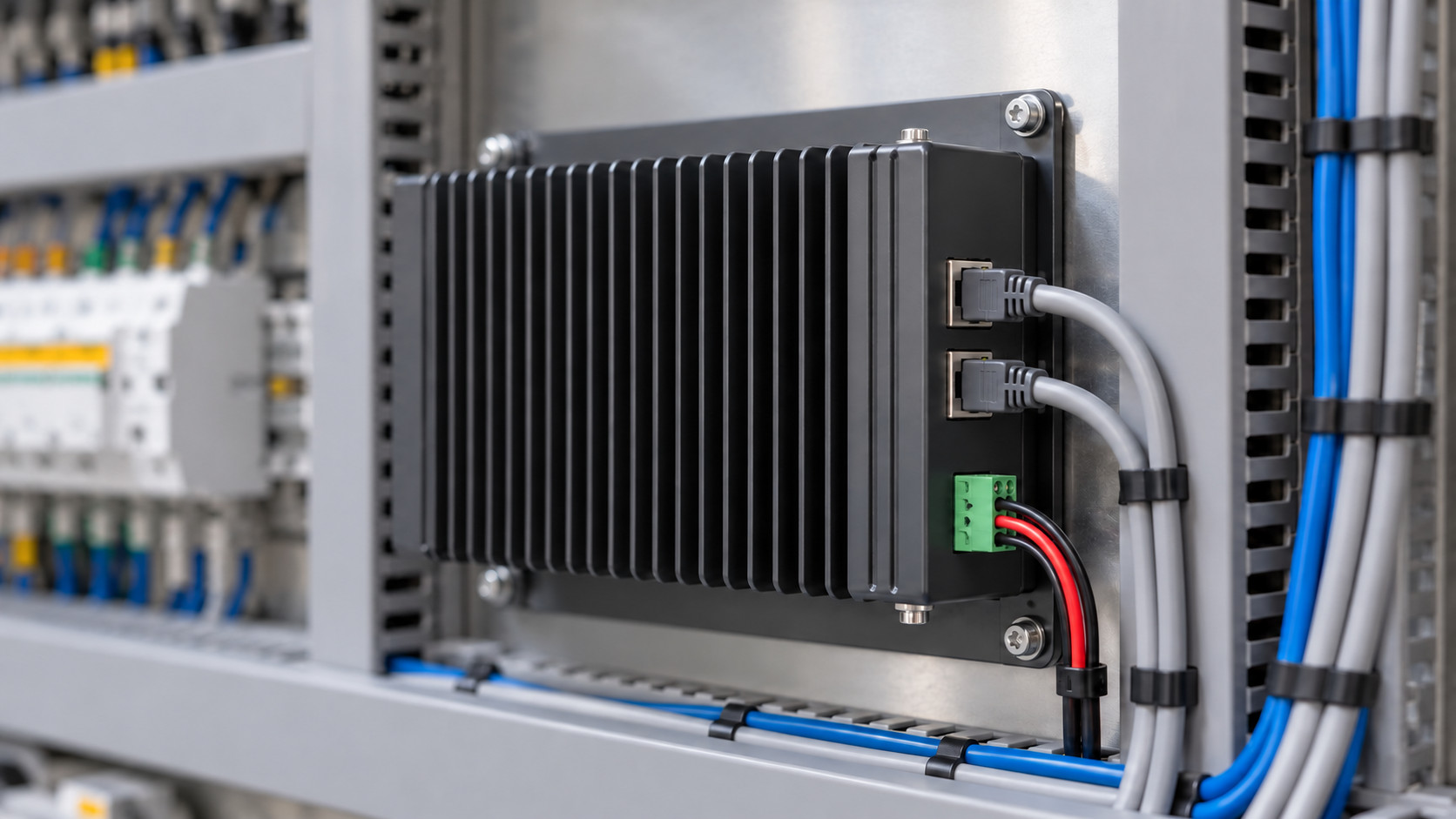 Fanless finned industrial networking gateway installed in a clean control cabinet