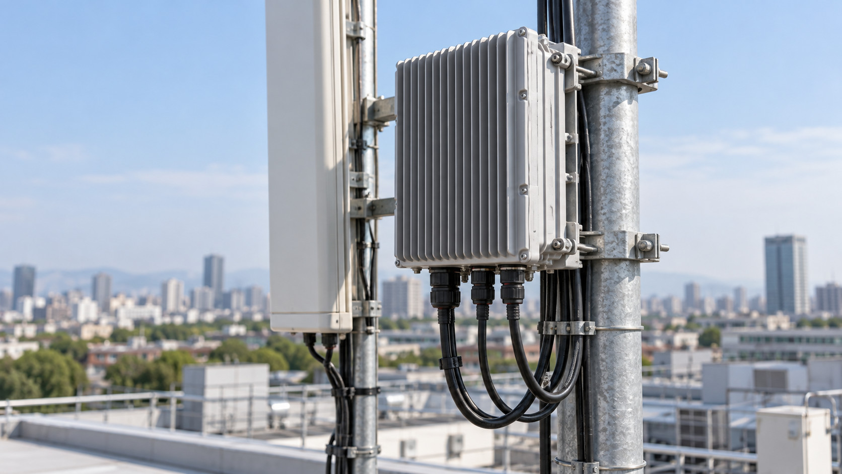 Finned outdoor radio unit mounted beside a cellular panel antenna with weatherproof cable routing