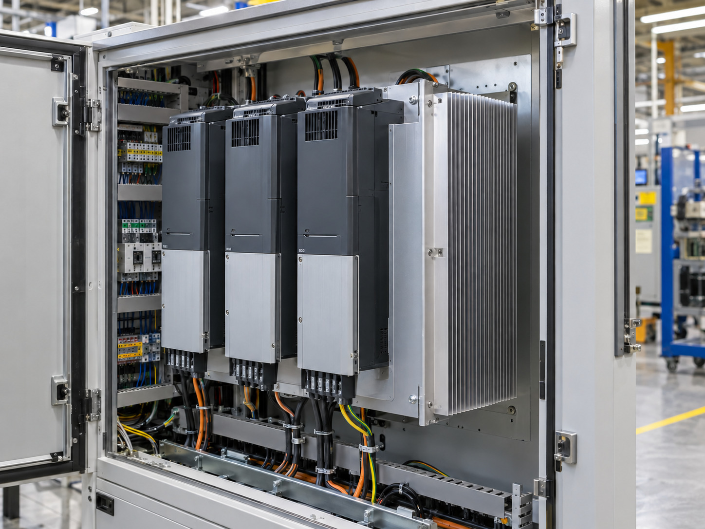Industrial drive cabinet with supported vertical fin cooling assembly