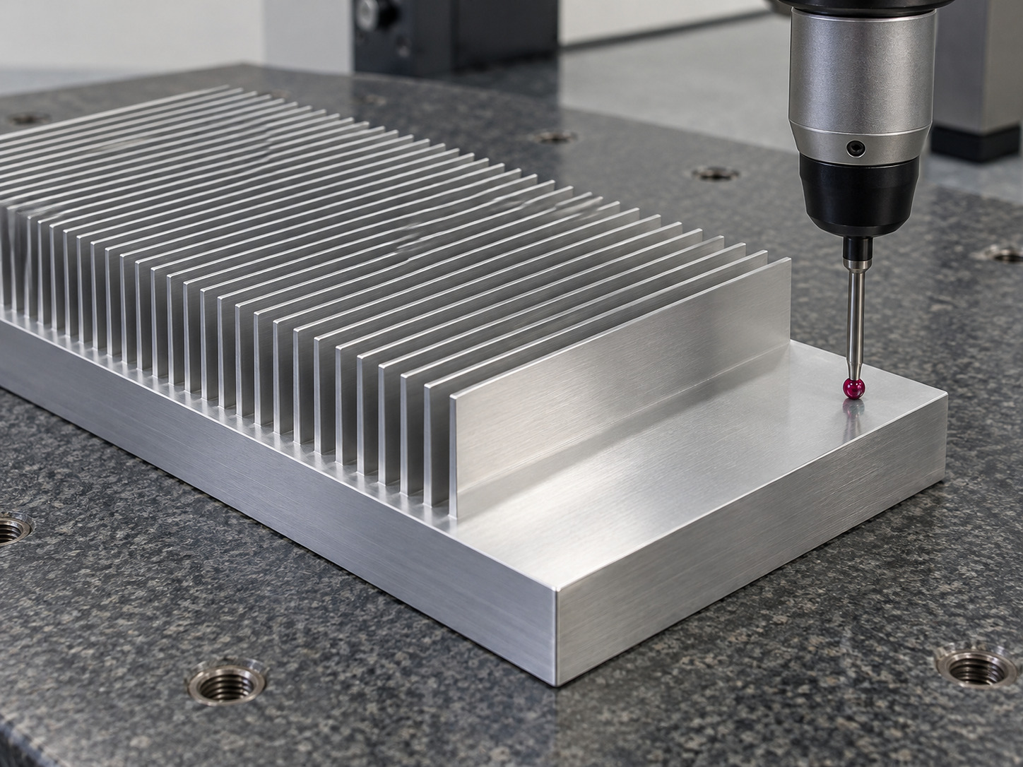 Coordinate measurement probe on a clear heat sink base datum outside the fin field