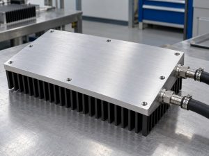 black anodized aluminum heat sink: inverted ported hybrid cold plate with a bare contact face above black fins and hoses connected at the side