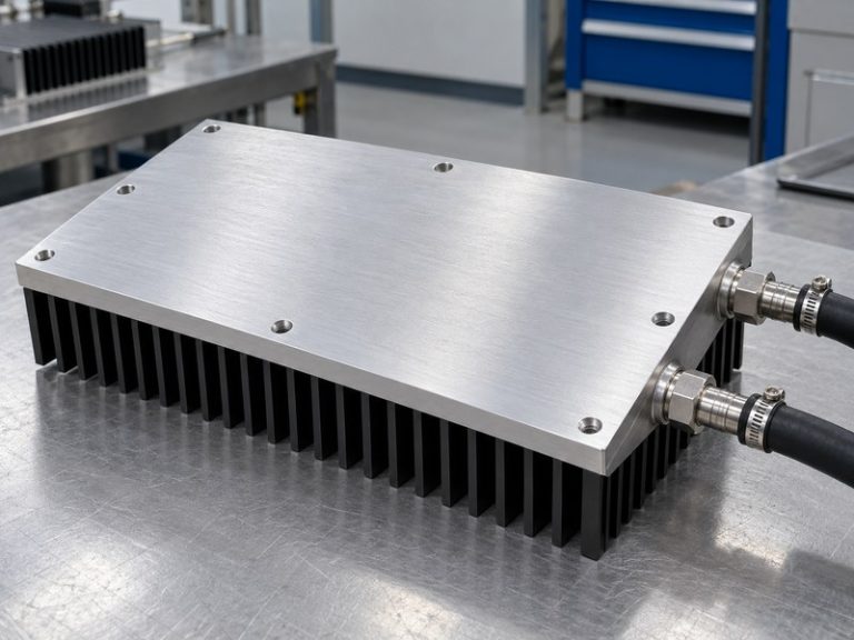 black anodized aluminum heat sink: inverted ported hybrid cold plate with a bare contact face above black fins and hoses connected at the side