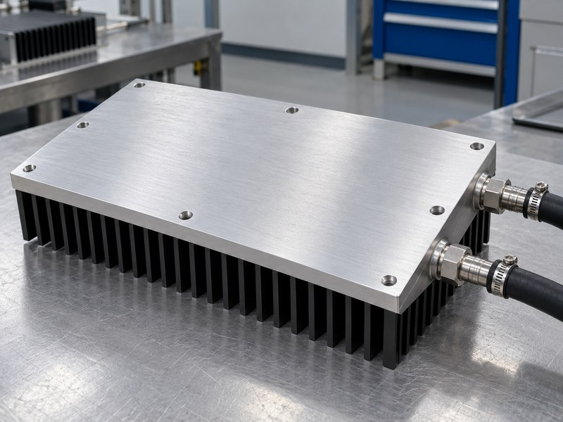 black anodized aluminum heat sink: inverted ported hybrid cold plate with a bare contact face above black fins and hoses connected at the side