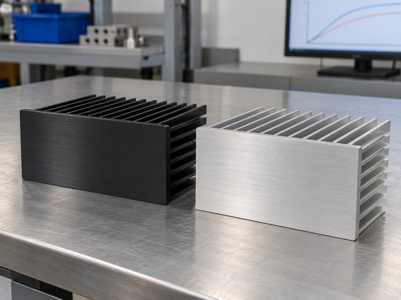 black anodized aluminum heat sink: black and silver-colored heat-sink examples beside a screen with conceptual curves