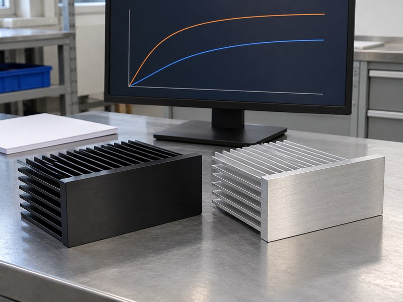 black anodized aluminum heat sink: black and clear anodized heat sinks beside a monitor displaying conceptual heat-balance curves