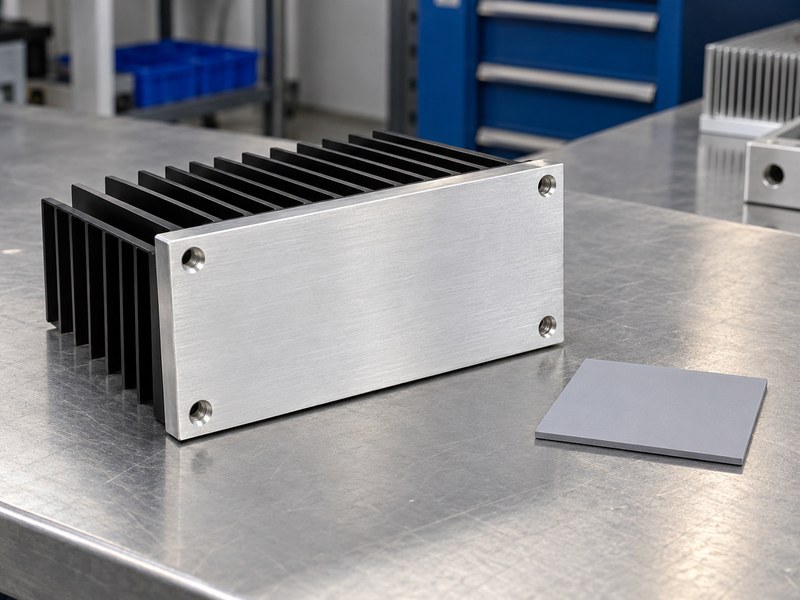 black anodized aluminum heat sink: black heat sink with a bare mounting face toward the camera beside a loose interface pad