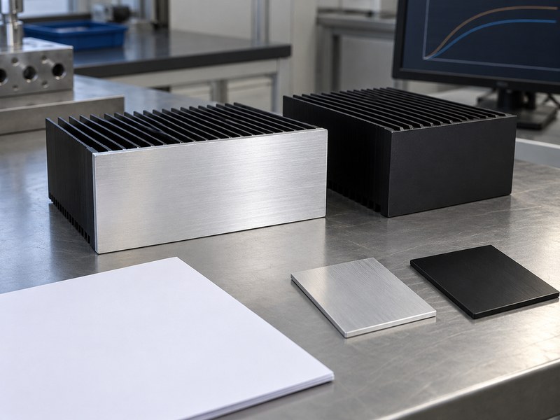 black anodized aluminum heat sink: black heat sink with its bare base facing the camera beside blank sheets, finish samples and a monitor with conceptual curves