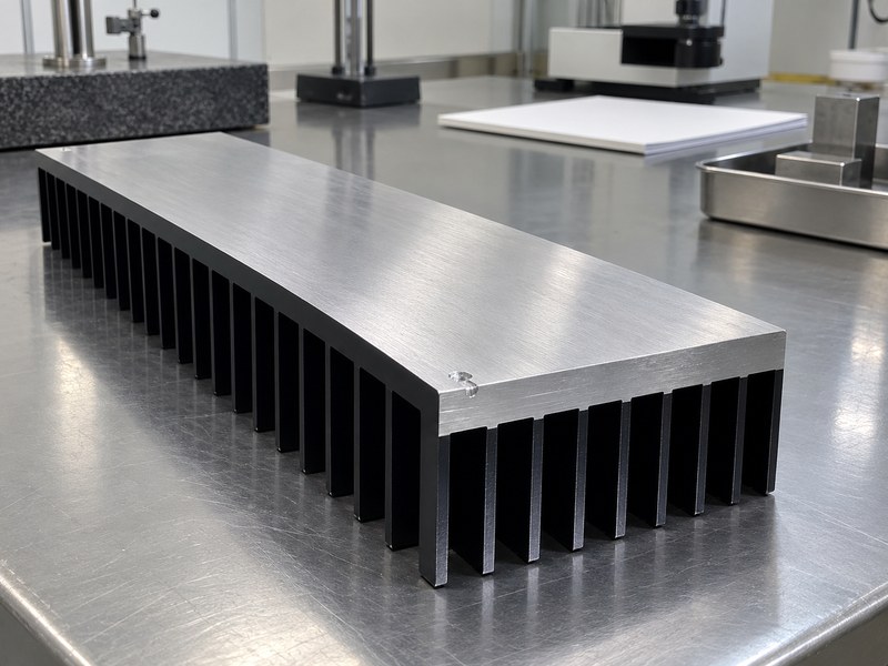 black anodized aluminum heat sink: black finned heat sink with a bare contact face and a visible edge mark under inspection