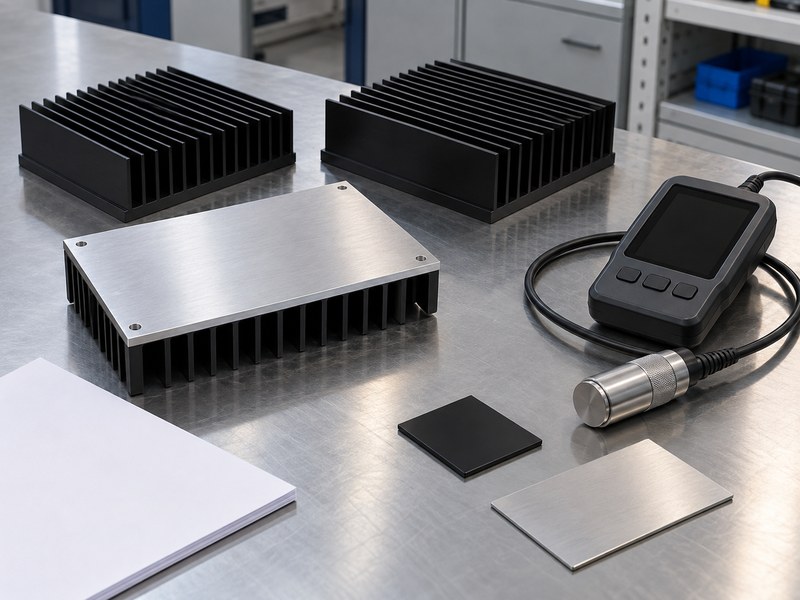black anodized aluminum heat sink: representative handheld inspection instrument and cylindrical probe beside heat-sink samples, blank sheets and finish coupons