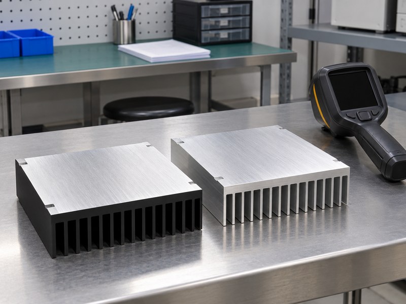 black anodized aluminum heat sink: loose black and silver-colored heat-sink samples beside an inactive thermal camera before testing