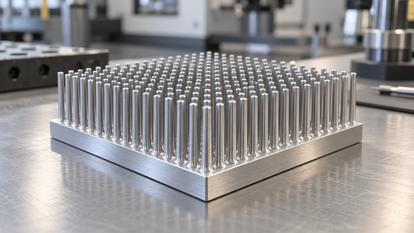 Monolithic aluminum cold forged pin-fin heat sink on an engineering work surface