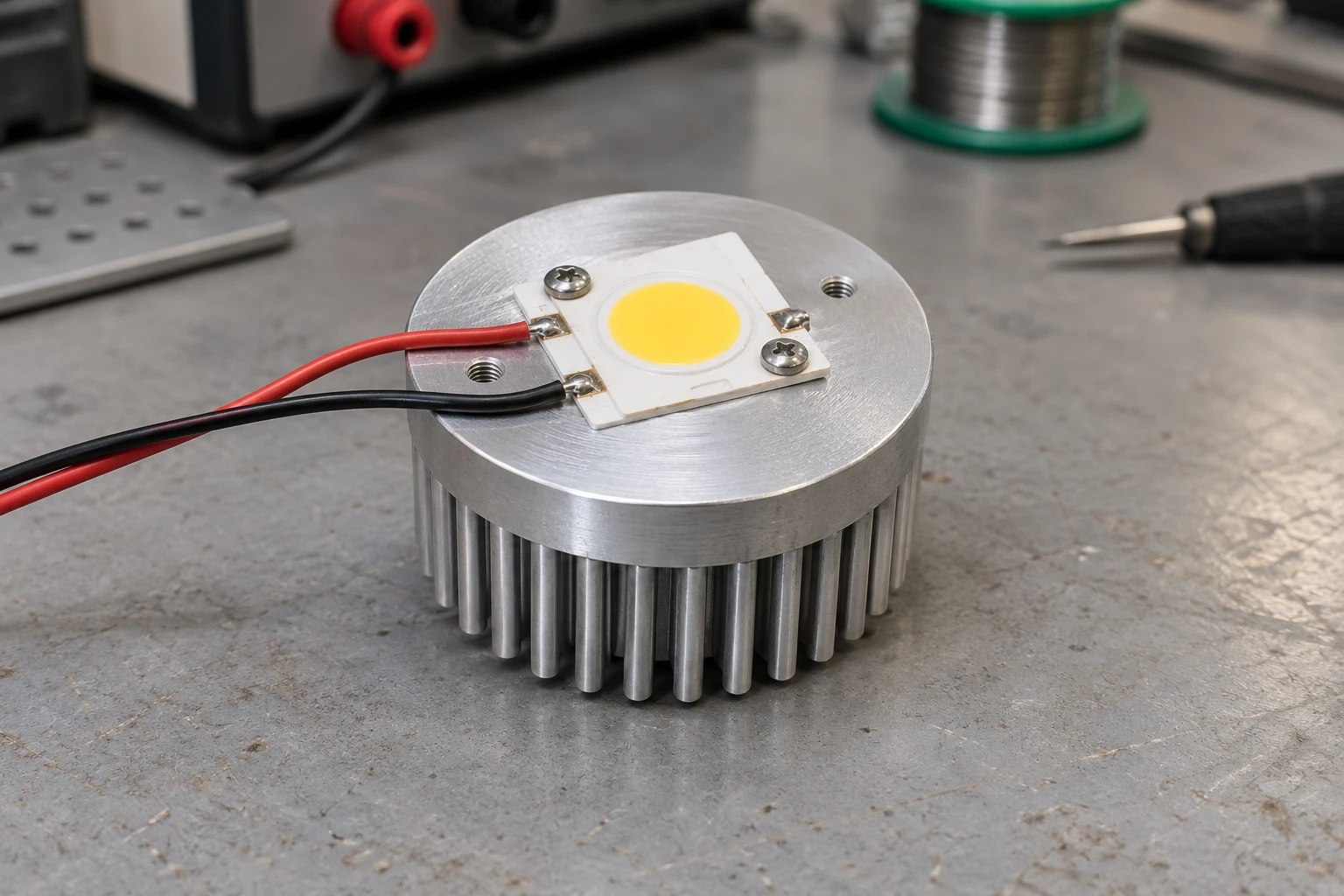 COB LED light engine mounted on the flat face of a round aluminum pin-fin heat sink