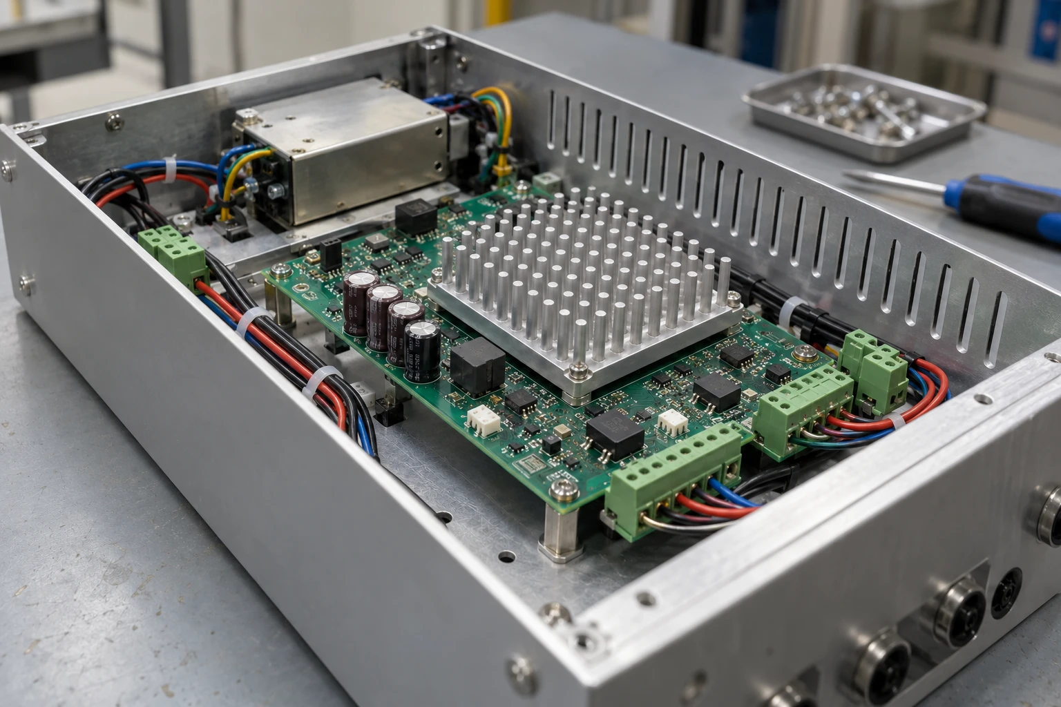 Industrial control electronics using a compact integral pin-fin heat sink inside a ventilated enclosure