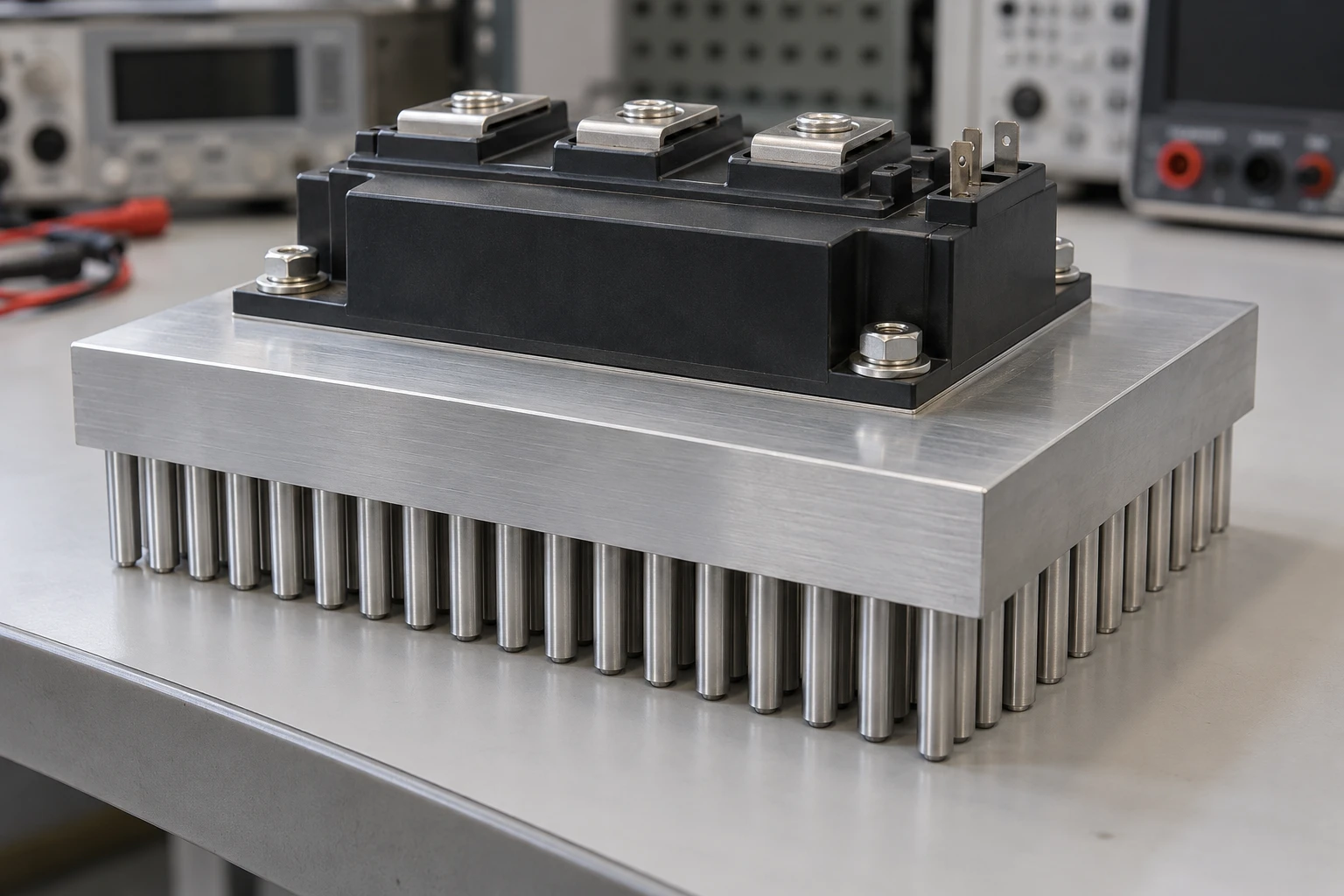 Compact power module secured to the machined face of an aluminum pin-fin heat sink