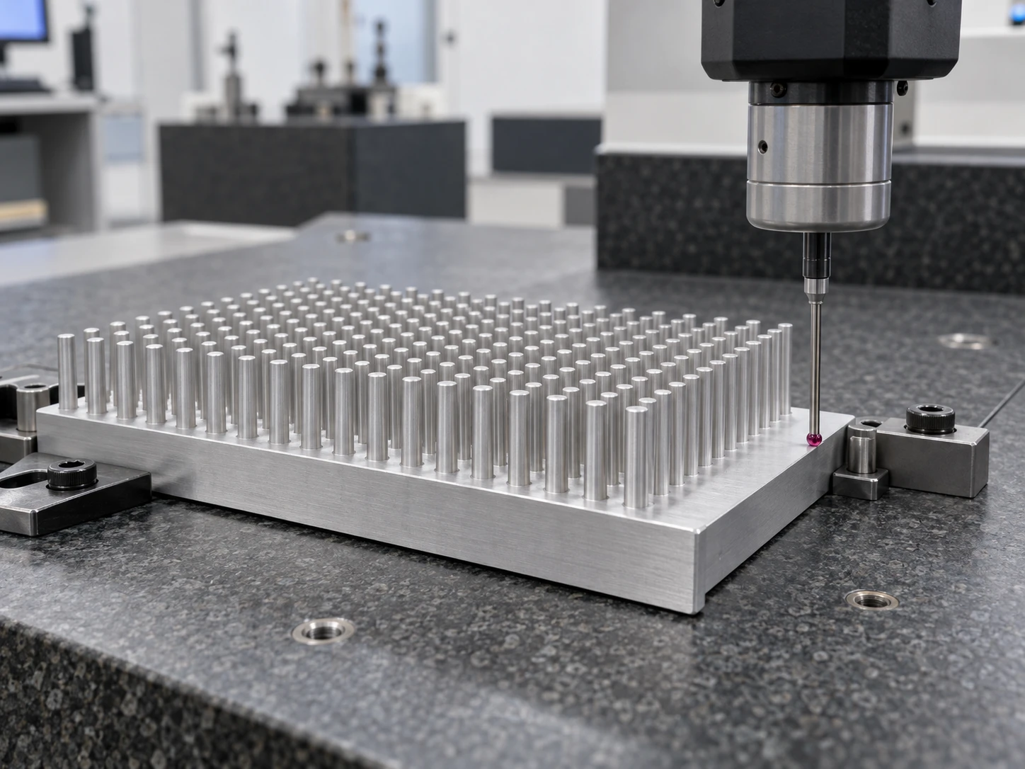 CMM touch probe checking an accessible mounting datum on a cold forged pin-fin heat sink