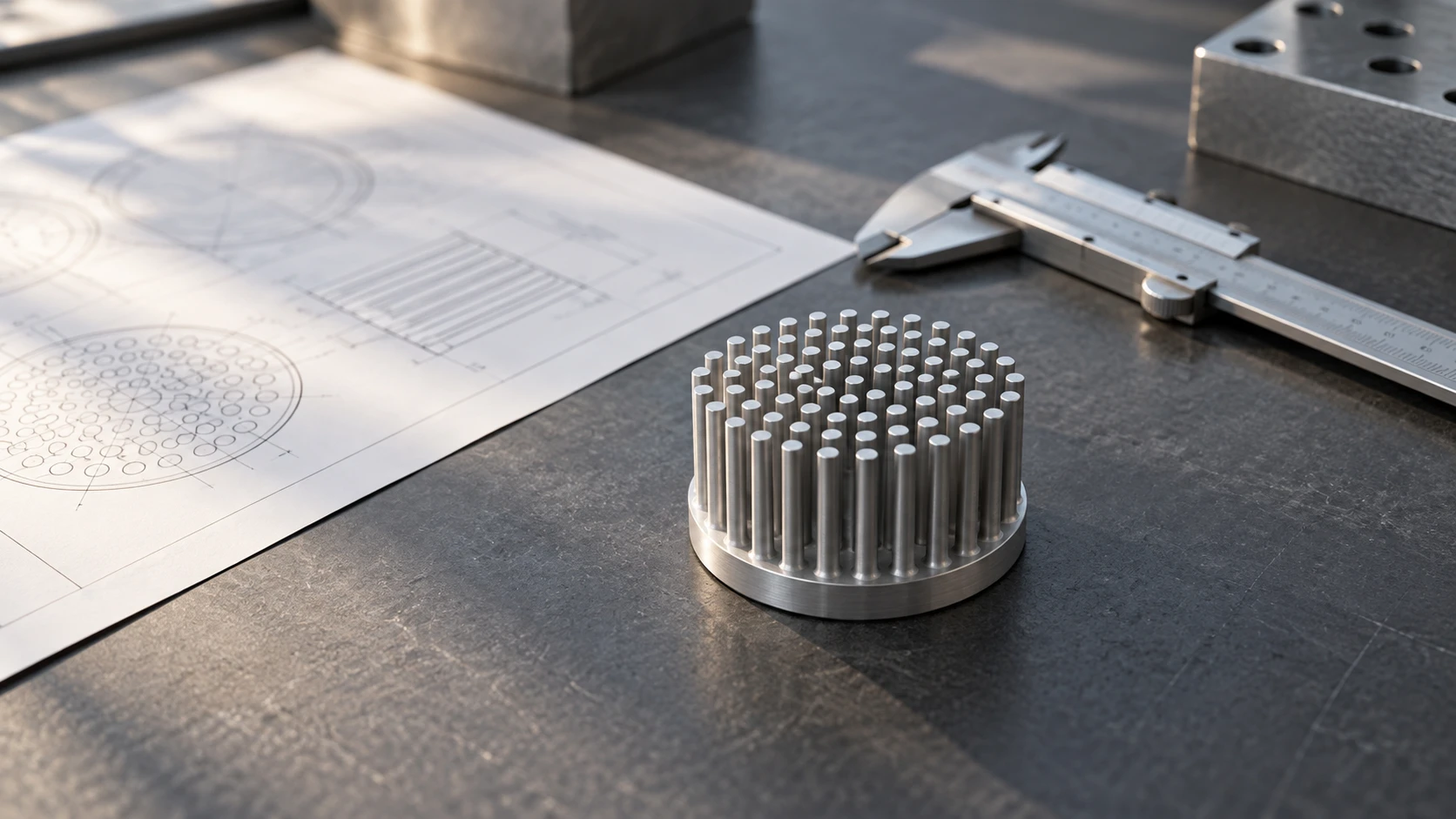 Cold forged heat sink and engineering drawing on a thermal design workbench