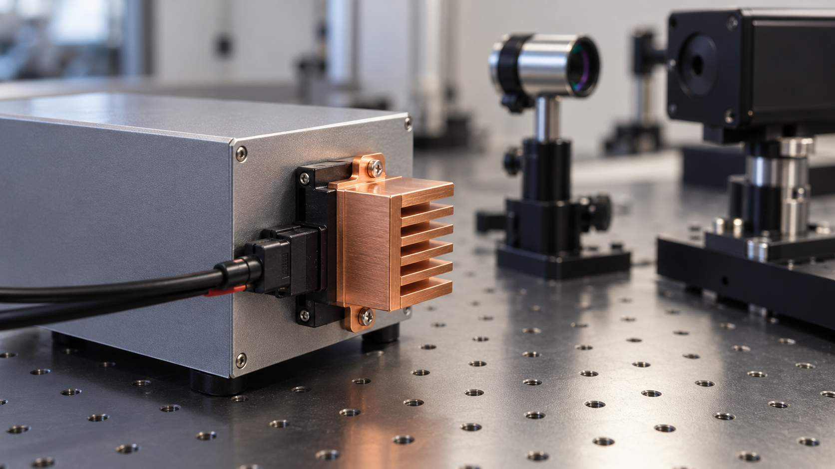 Precision laser driver instrument using a compact CNC machined copper heat sink on its power device.