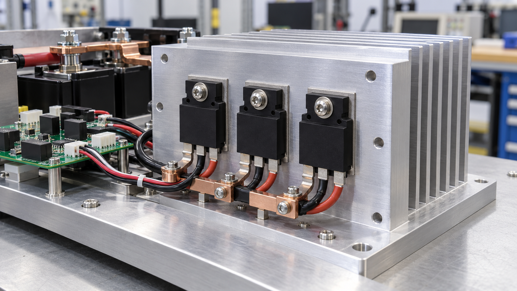 Power semiconductor packages mounted to a custom machined aluminum heat sink in an industrial power stage.