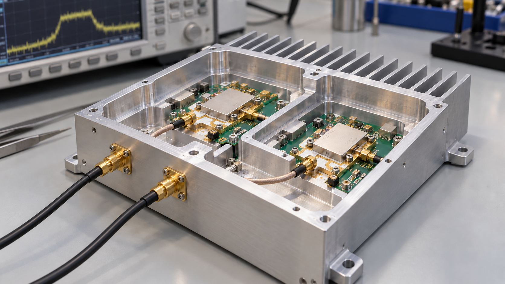 RF amplifier assembly in a CNC machined aluminum thermal housing with separate coaxial input and output cables.