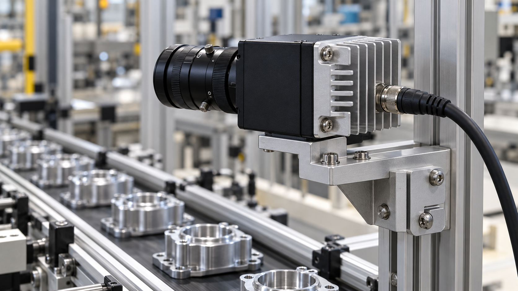 Industrial inspection camera with a compact CNC machined rear heat sink and rigid mounting bracket.