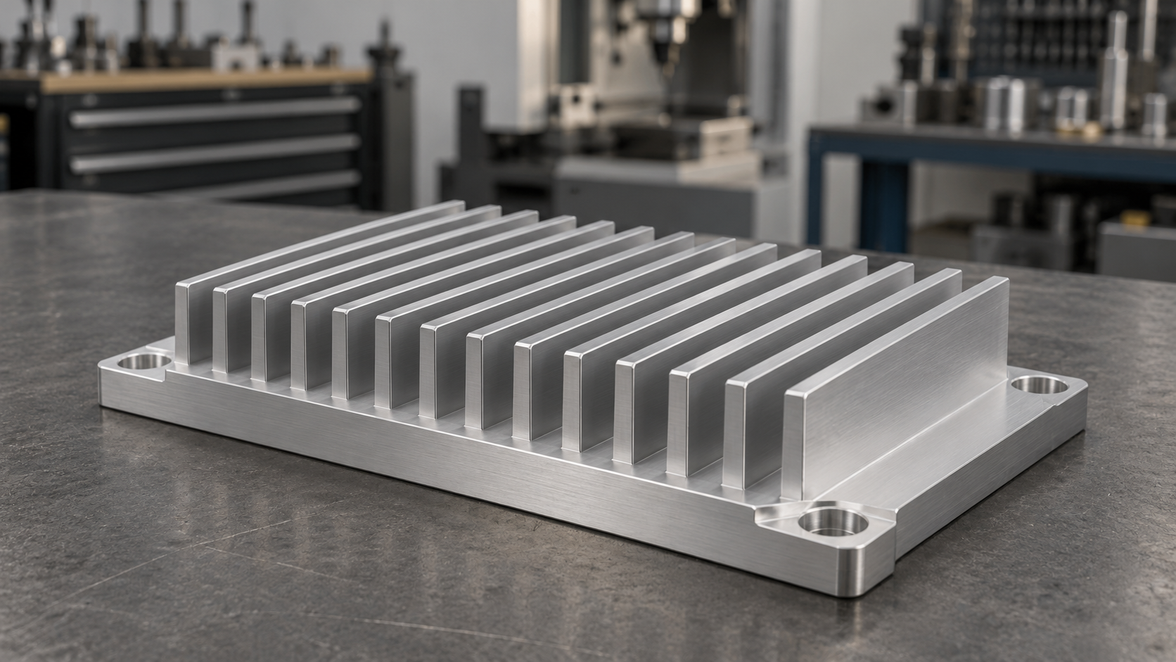 Custom CNC machined aluminum heat sink with integral parallel fins and counterbored mounting ears.