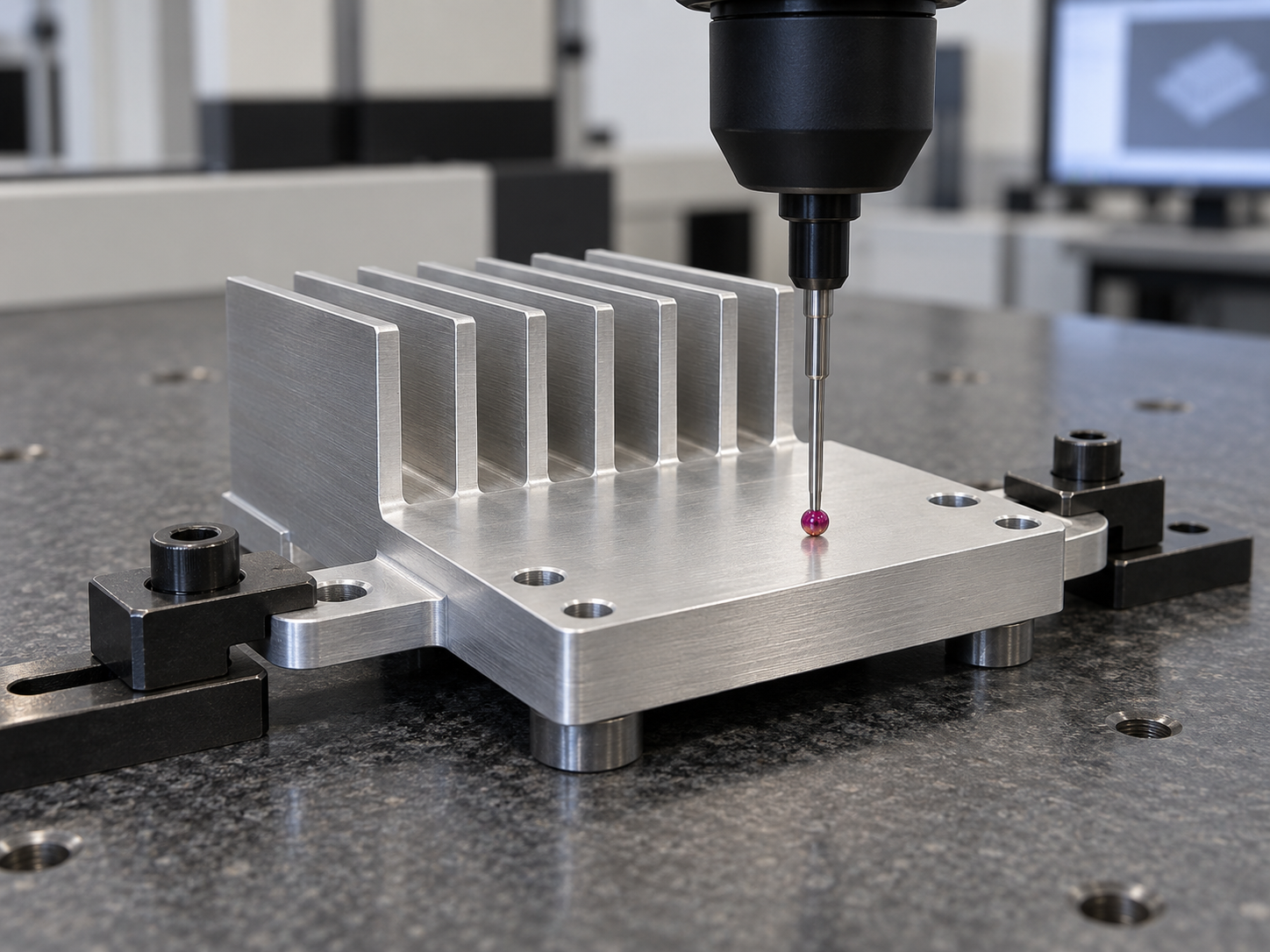 Coordinate measuring machine ruby probe inspecting the contact land of a CNC machined aluminum heat sink.