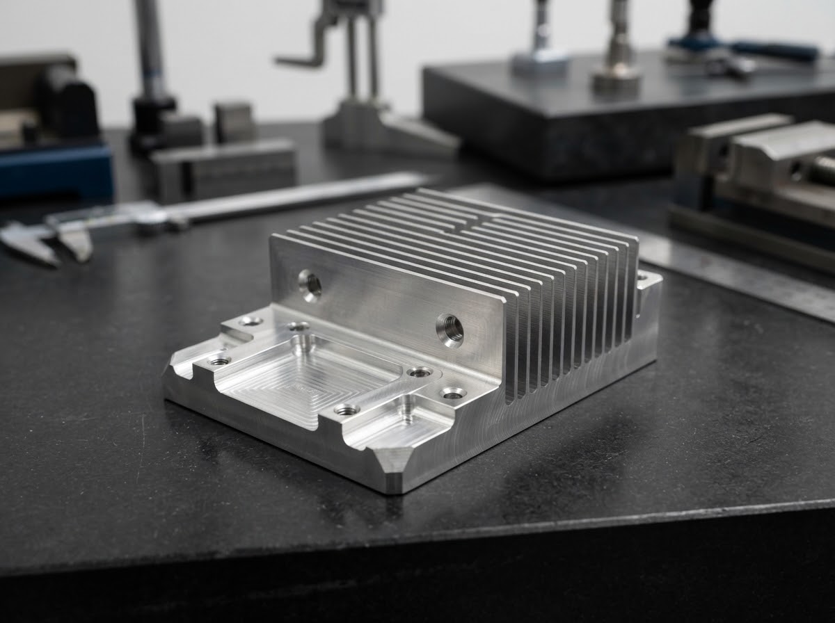 CNC machined aluminum heat sink with precision pockets, mounting holes, and integrated cooling fins.