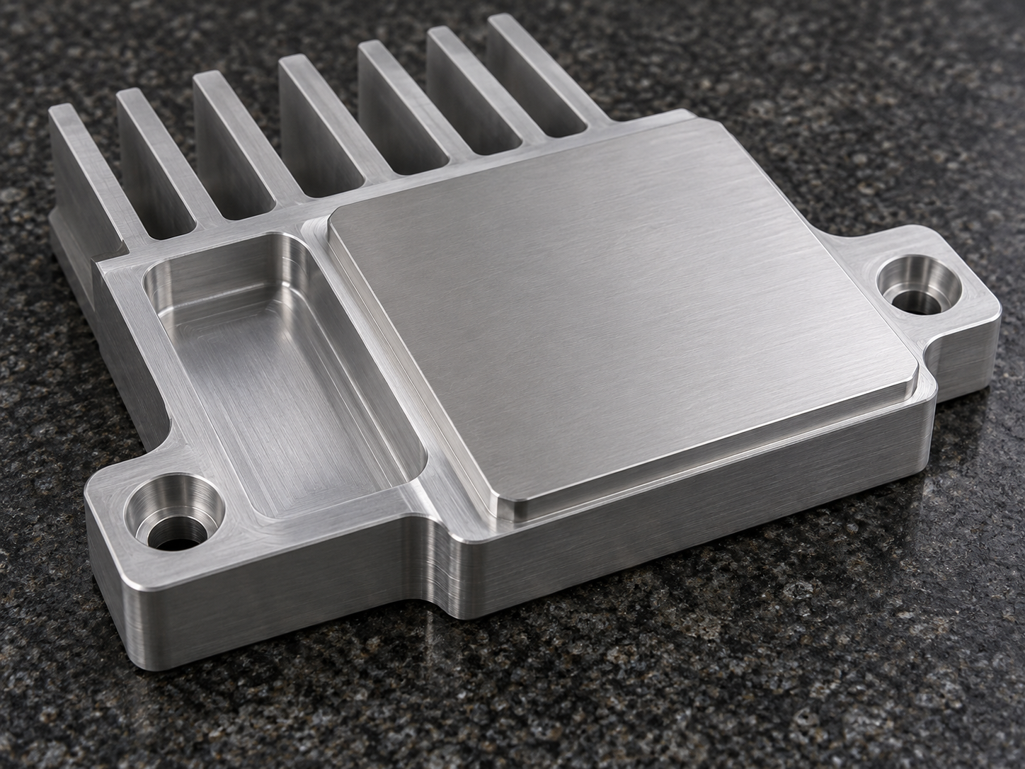 Precision-machined thermal contact land with smooth finish, milled pocket, and counterbored mounting holes.
