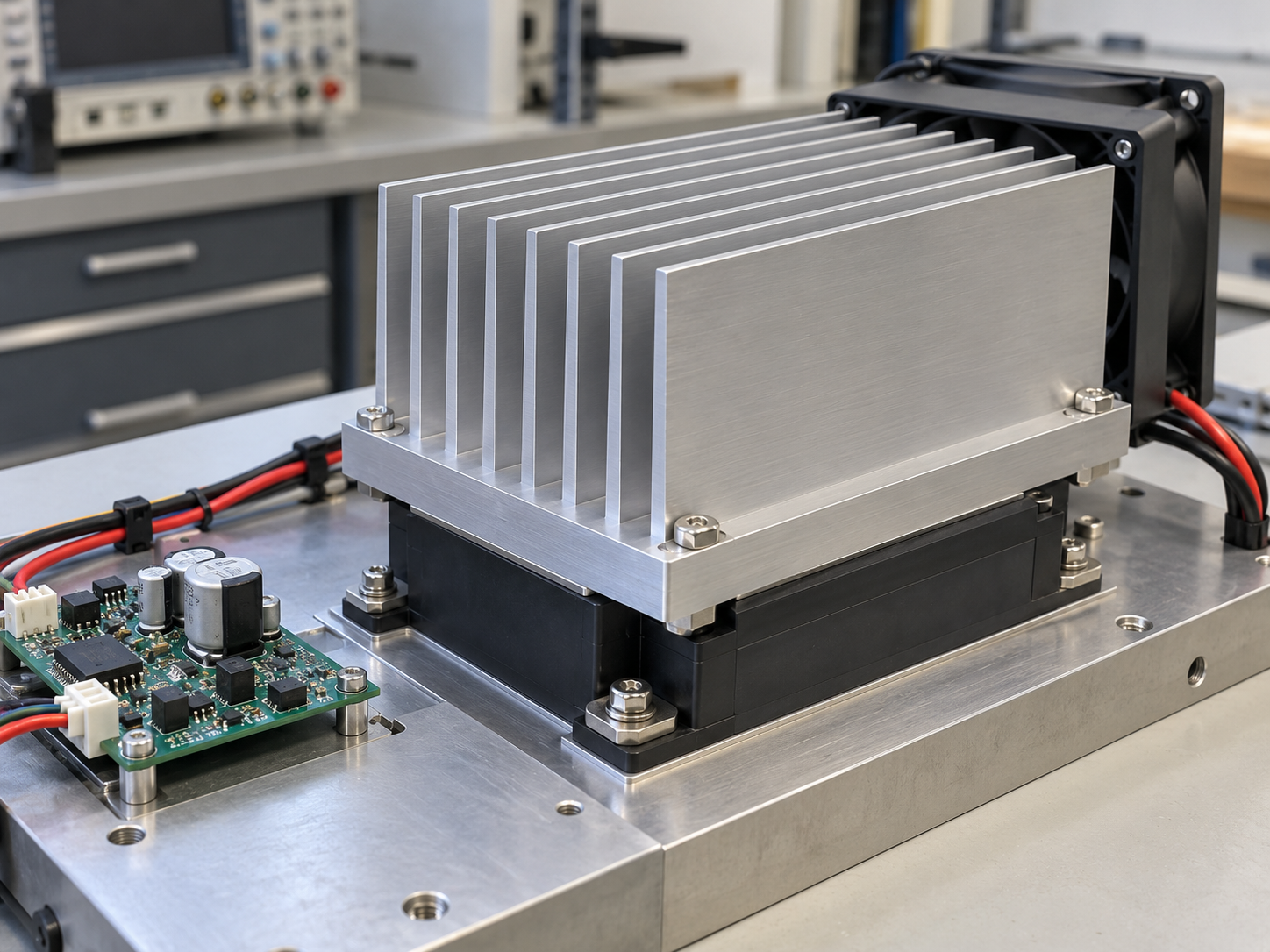 CNC machined heat sink clamped to a power module with a fan aligned to the open fin channels.