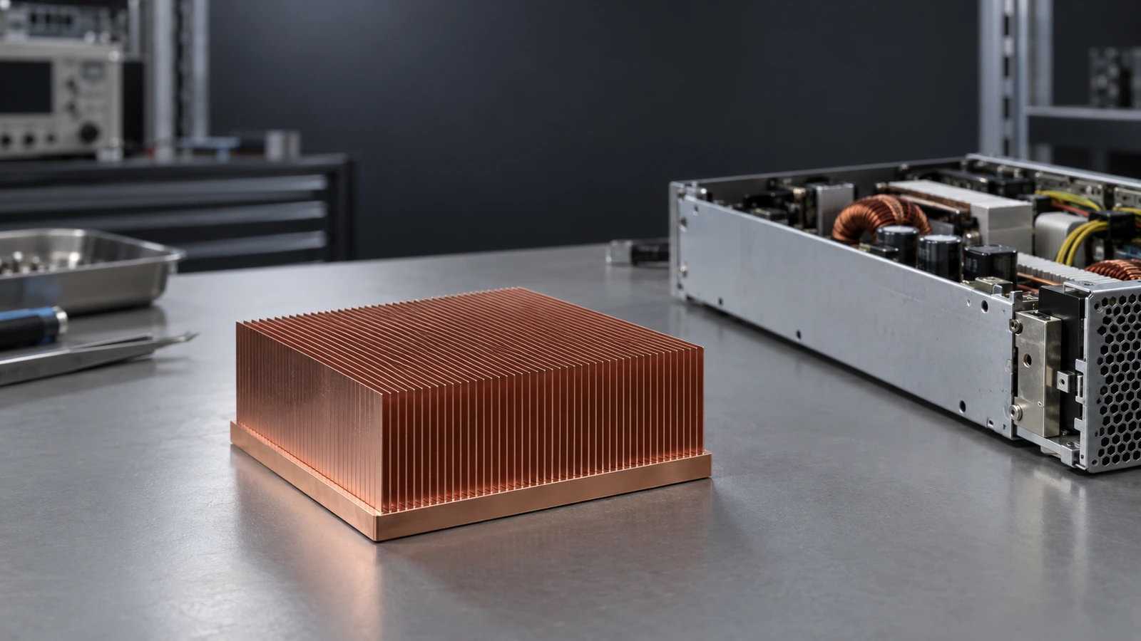 Realistic server PSU engineering bench with copper skived-fin heat sink