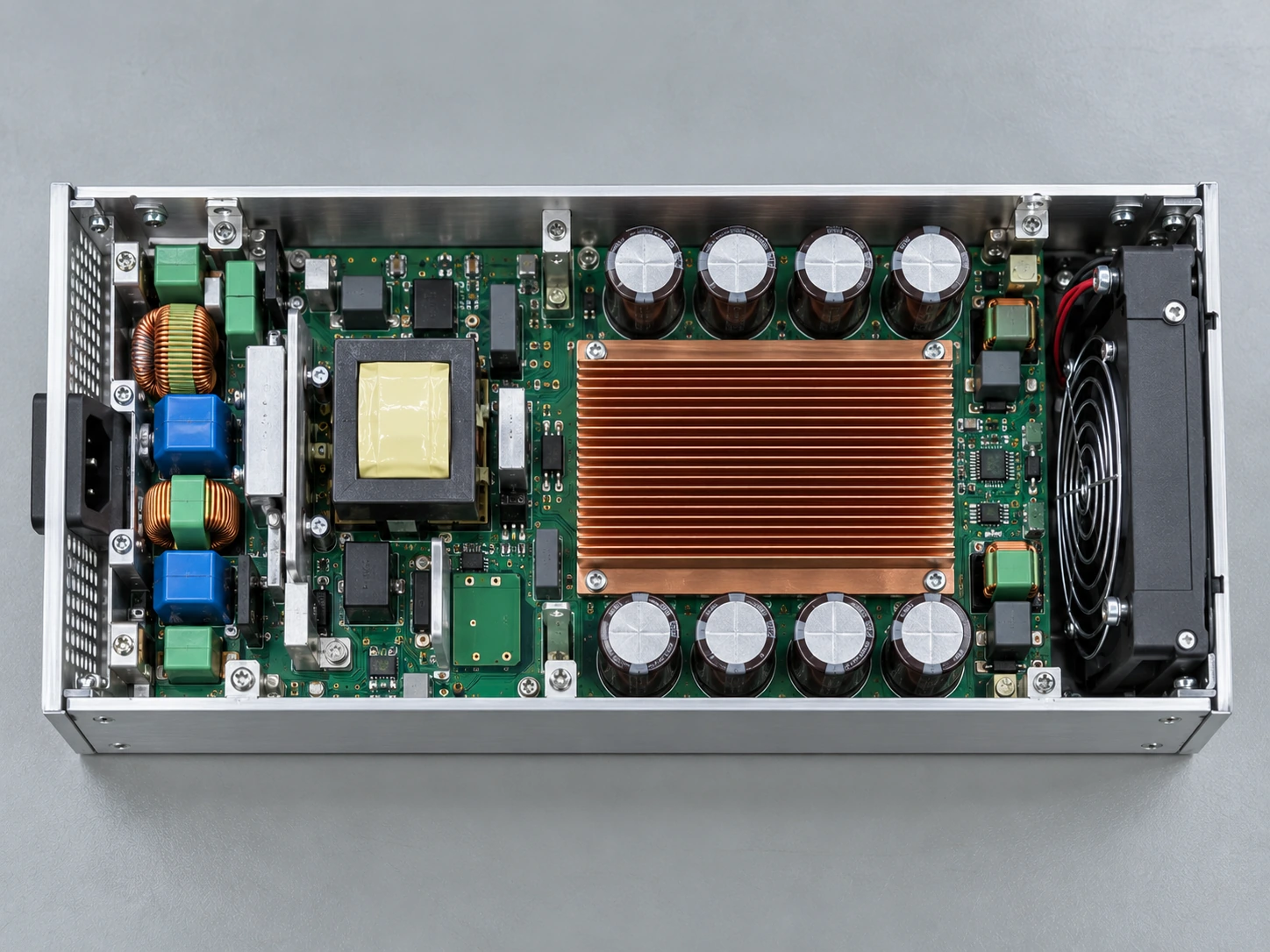 Compact forced-air server power supply internal layout in engineering laboratory