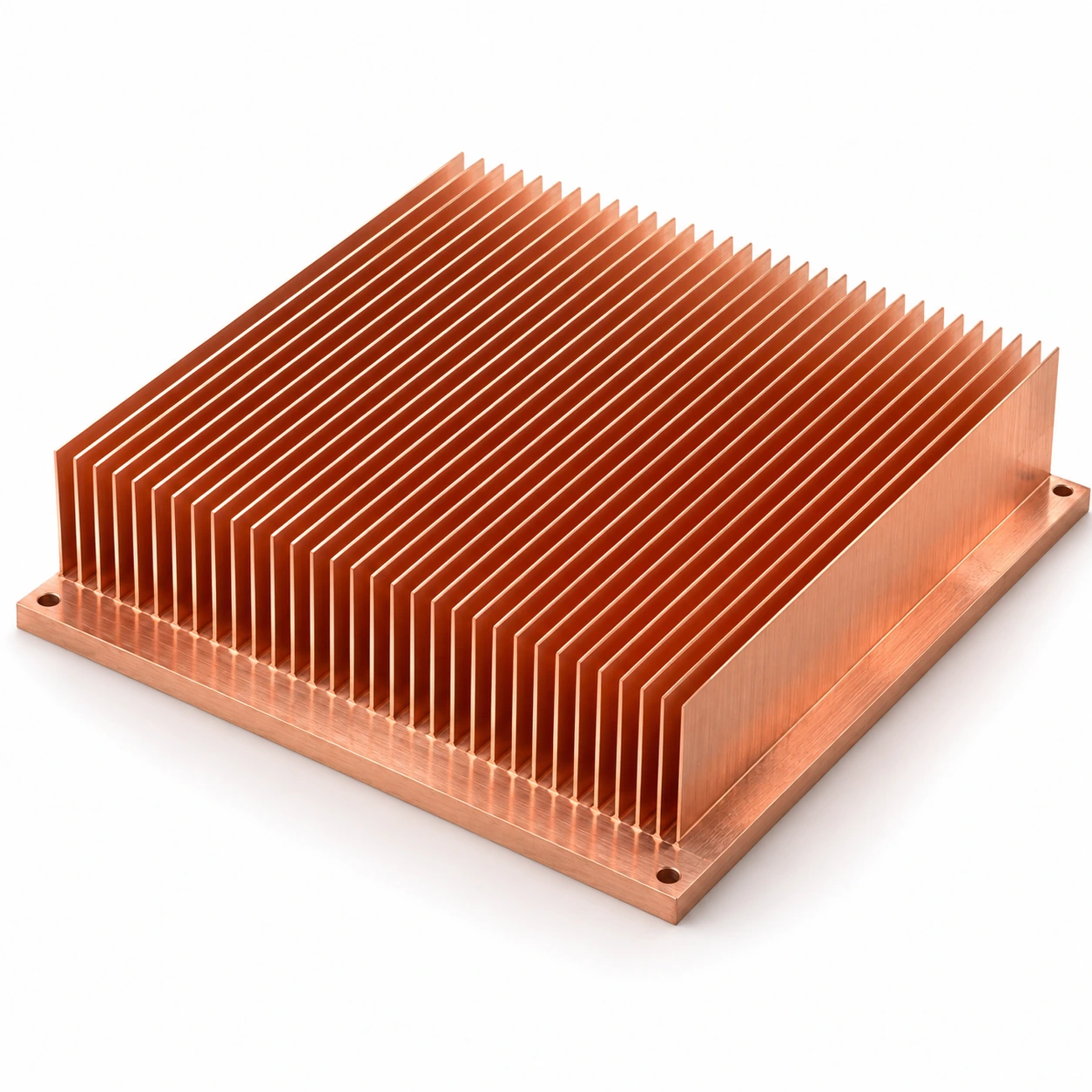 Photograph-style isolated C1100 copper skived-fin heat sink on clean pure white studio background with 100mm square footprint and 35mm height
