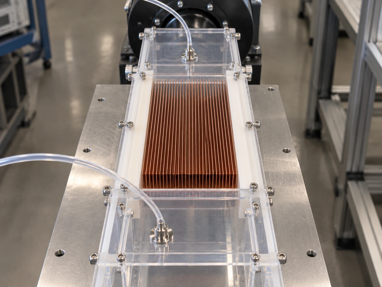 Closed transparent acrylic wind duct test bench with copper skived-fin heat sink on base heater