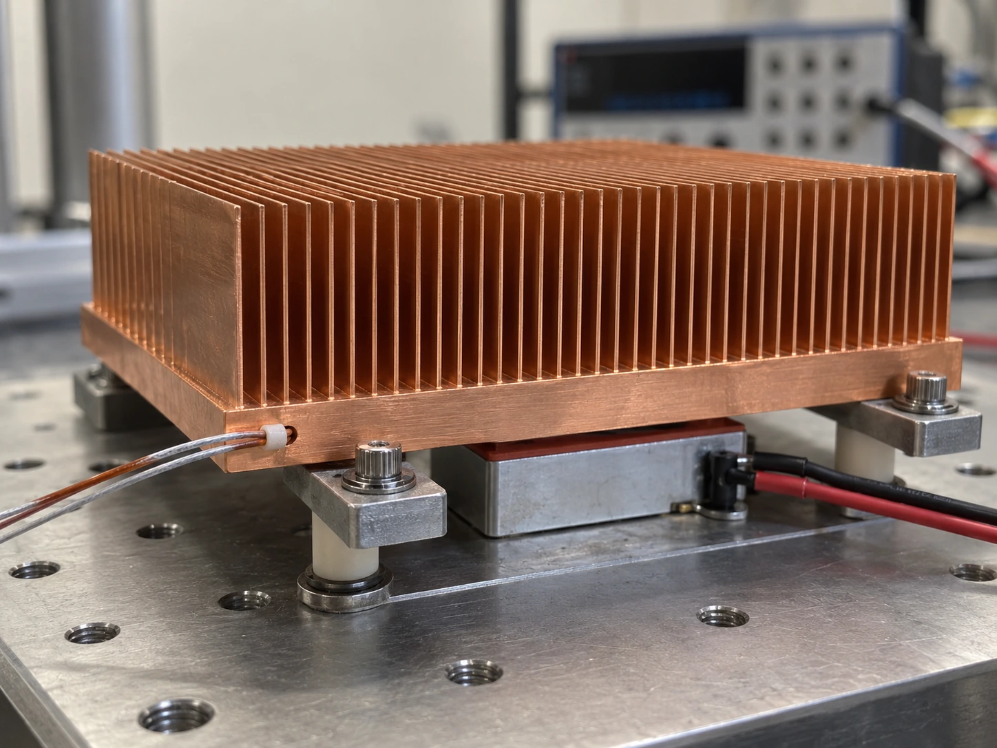 Macro close-up of thermocouple secured in copper heat-sink base for temperature measurement