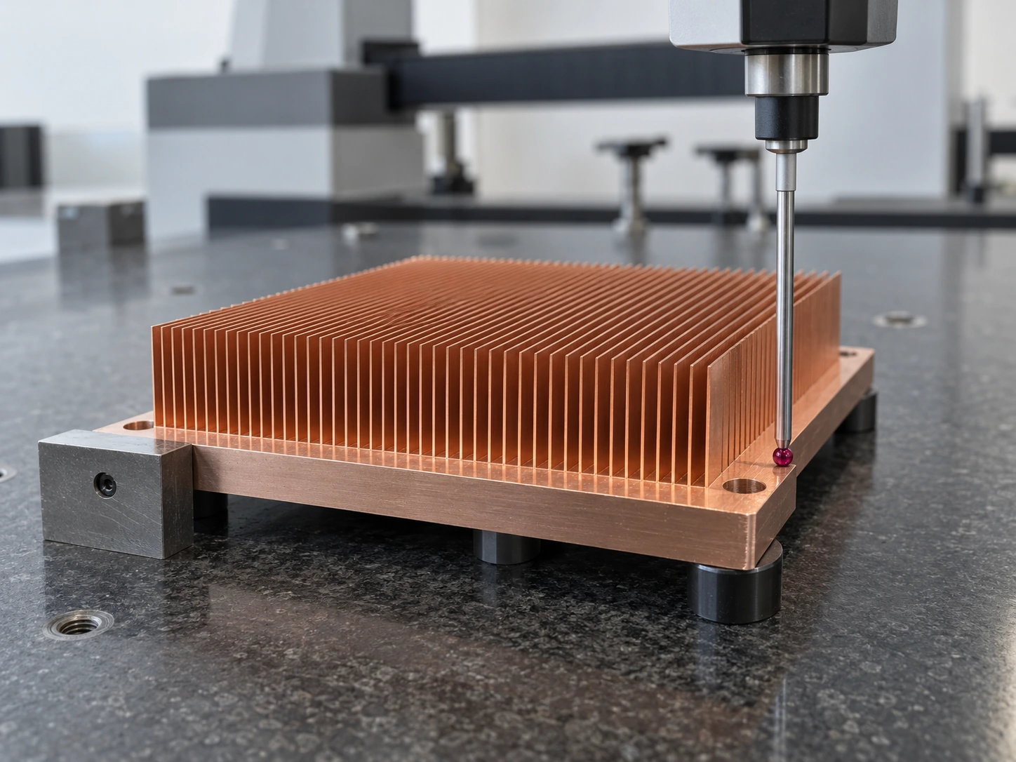 Dimensional inspection of the copper base and mounting features on CMM machine