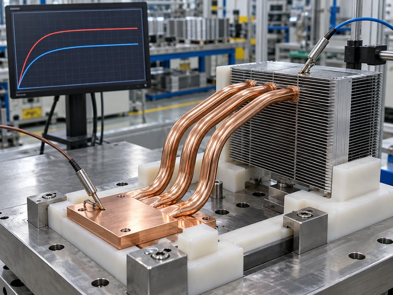 Formed copper tube heat sink routes held in a checking fixture