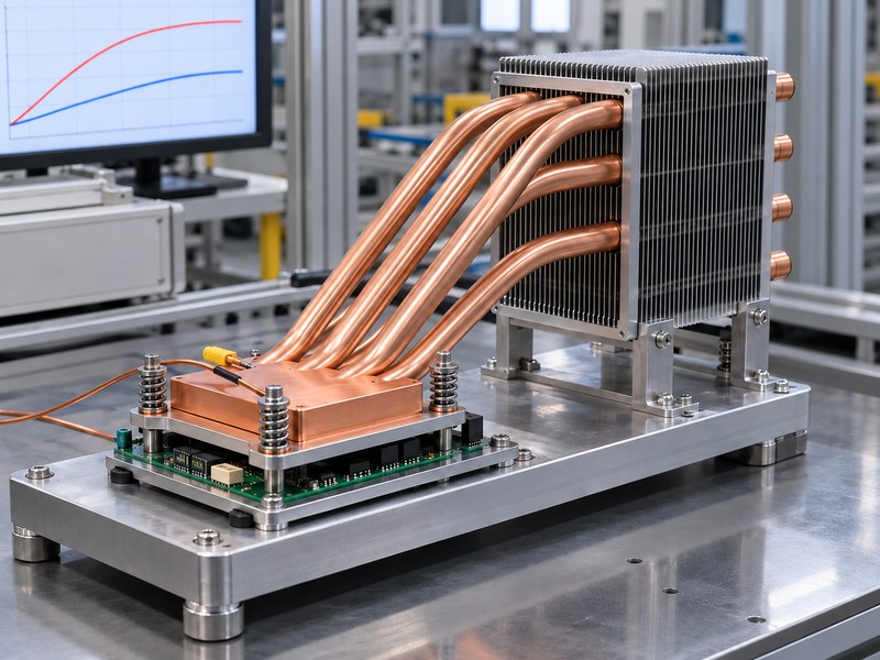 Spring mounting detail on a copper tube heat sink base