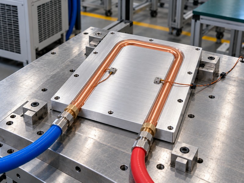 Copper tube cold plate with inlet and outlet on a test bench for a copper tube heat sink comparison