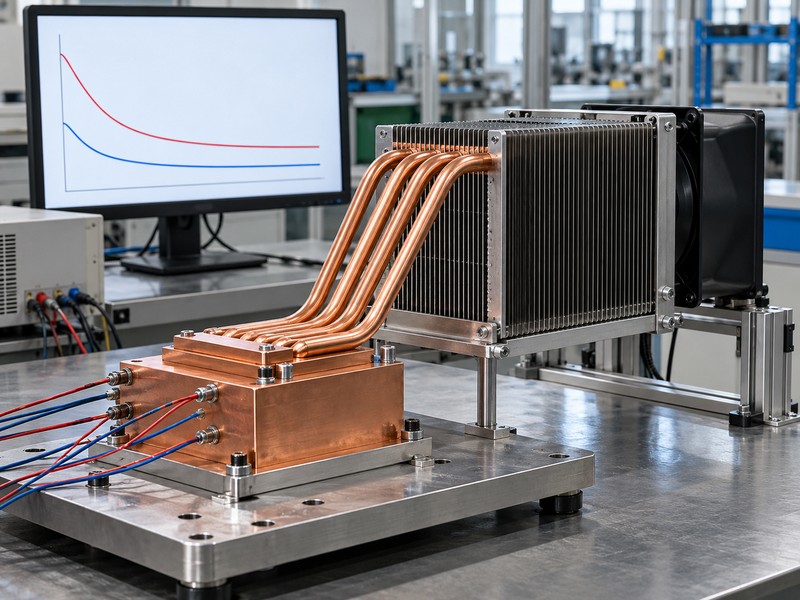 Engineering screen beside a copper tube heat sink test fixture