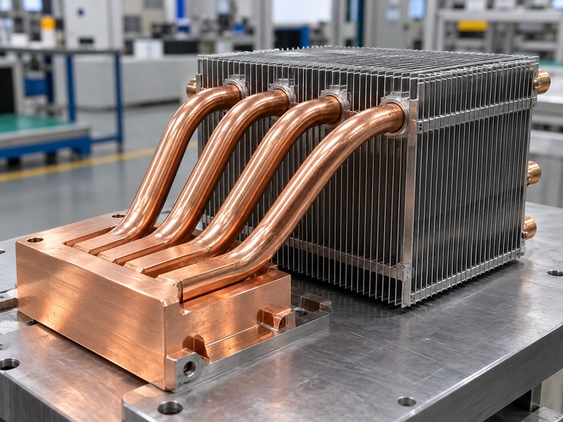custom heat pipes joined to a copper block and fin collars