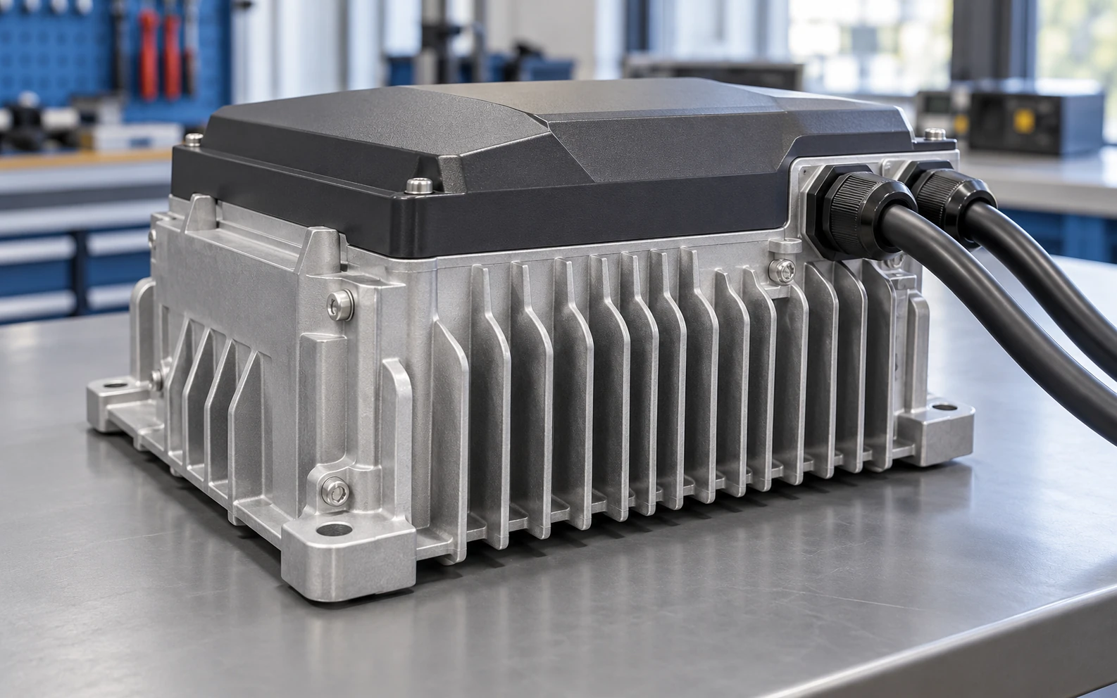 Industrial power electronics enclosure with integrated cast cooling fins and protected cable entries