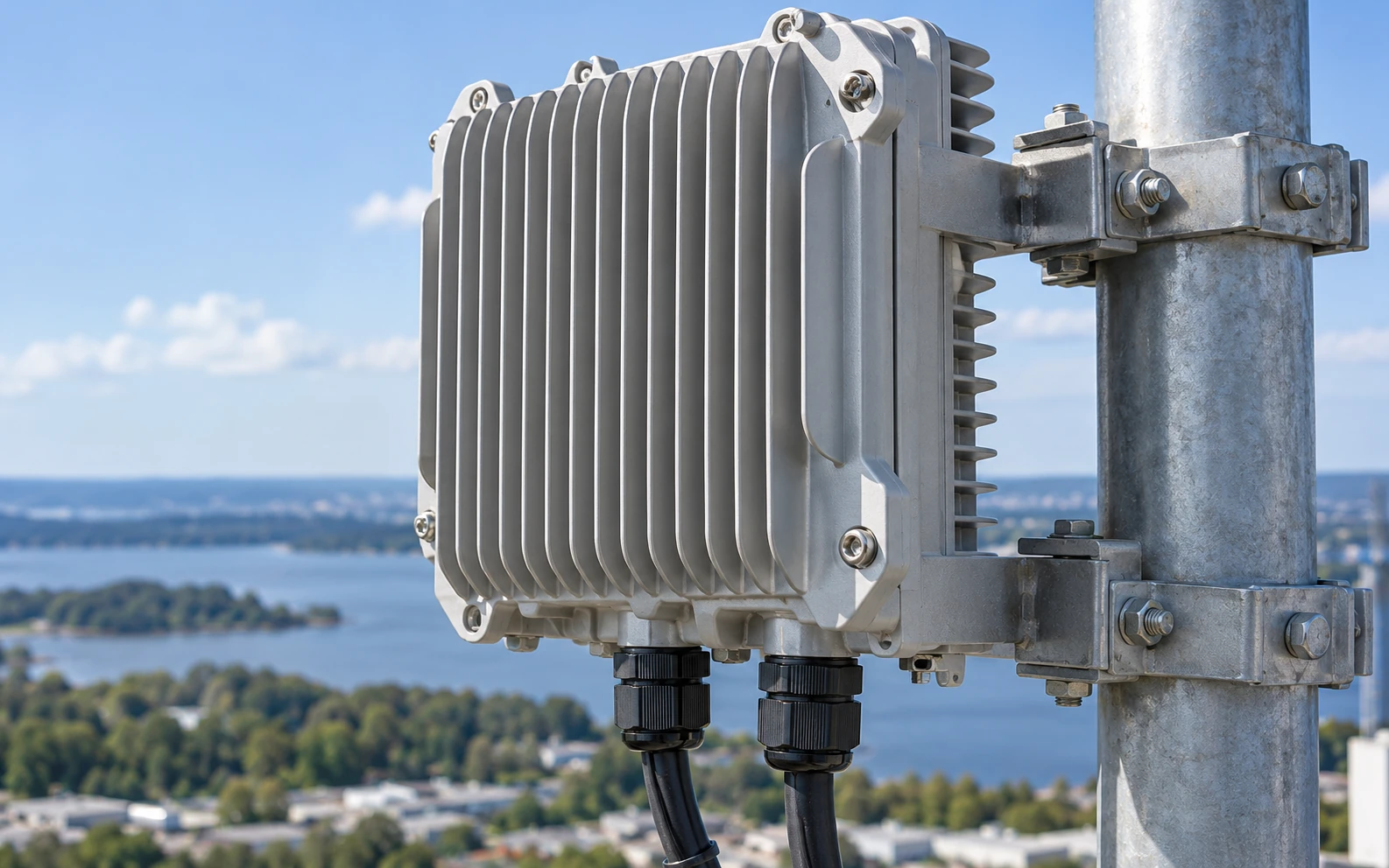 Outdoor telecommunications radio with a finned die cast enclosure and pole mounting brackets