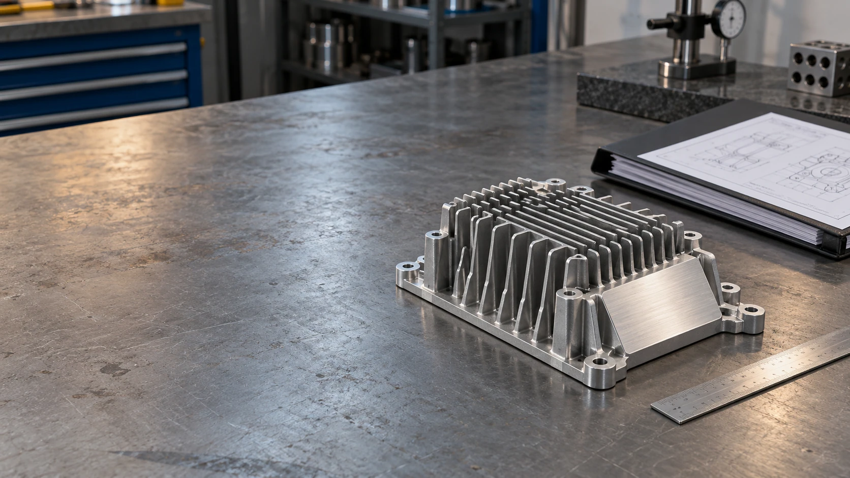 Die cast heat sink sample and engineering tools on a technical workbench