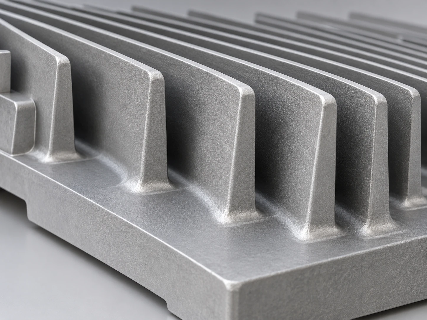 Close-up of tapered cast aluminum cooling fins with rounded roots and open airflow channels