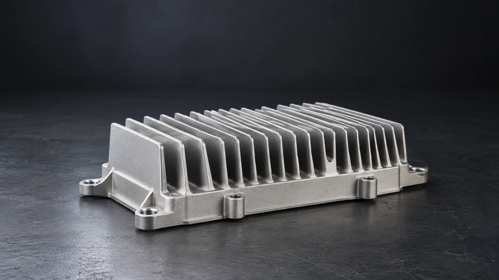 Aluminum die cast heat sink with tapered fins, integrated mounting lugs and a continuous base